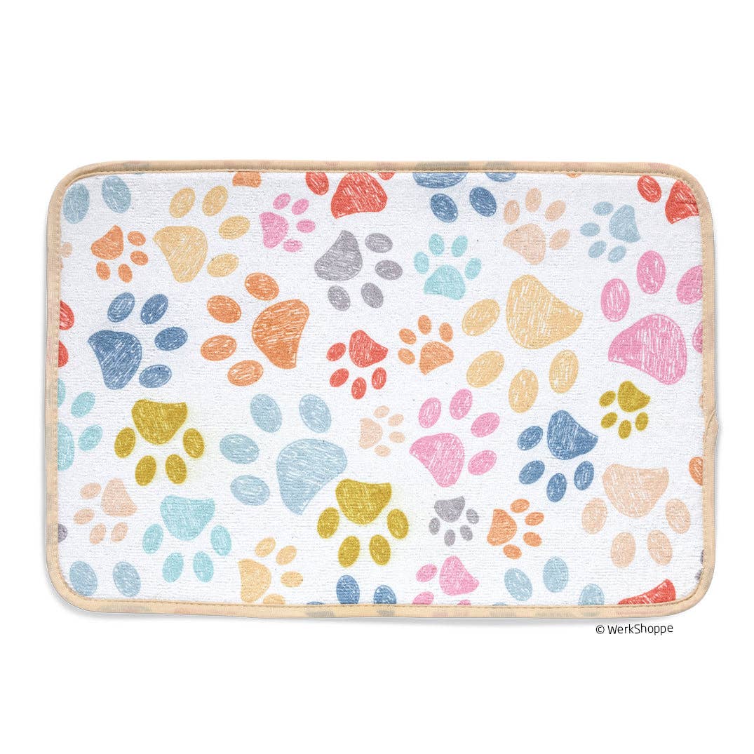 Paw print microfiber pet food and water bowl mat