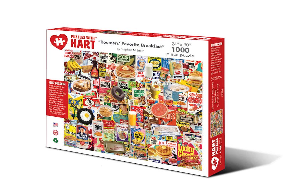 Boomers' Favorite Breakfast 1,000-piece jigsaw puzzle box showing a nostalgic collage of vintage cereal boxes, syrup and classic breakfast foods