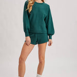 Hunter green ribbed knit lounge sweater and matching shorts