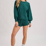 Hunter green ribbed knit lounge sweater and matching shorts