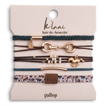 Gallop hair tie bracelet set in brown and blue with gold horse bit charm