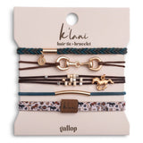 Gallop hair tie bracelet set in brown and blue with gold horse bit charm
