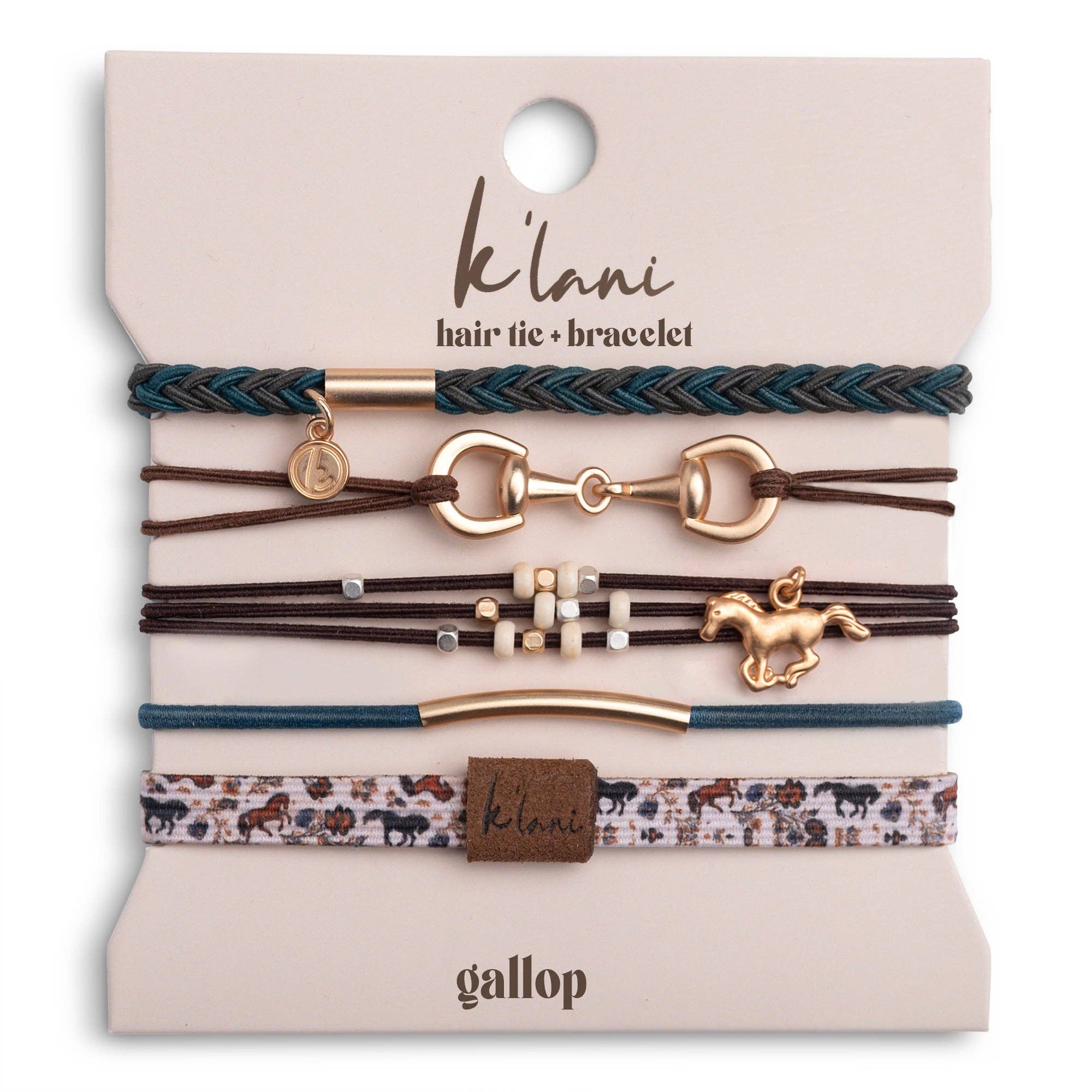 Gallop hair tie bracelet set in brown and blue with gold horse bit charm