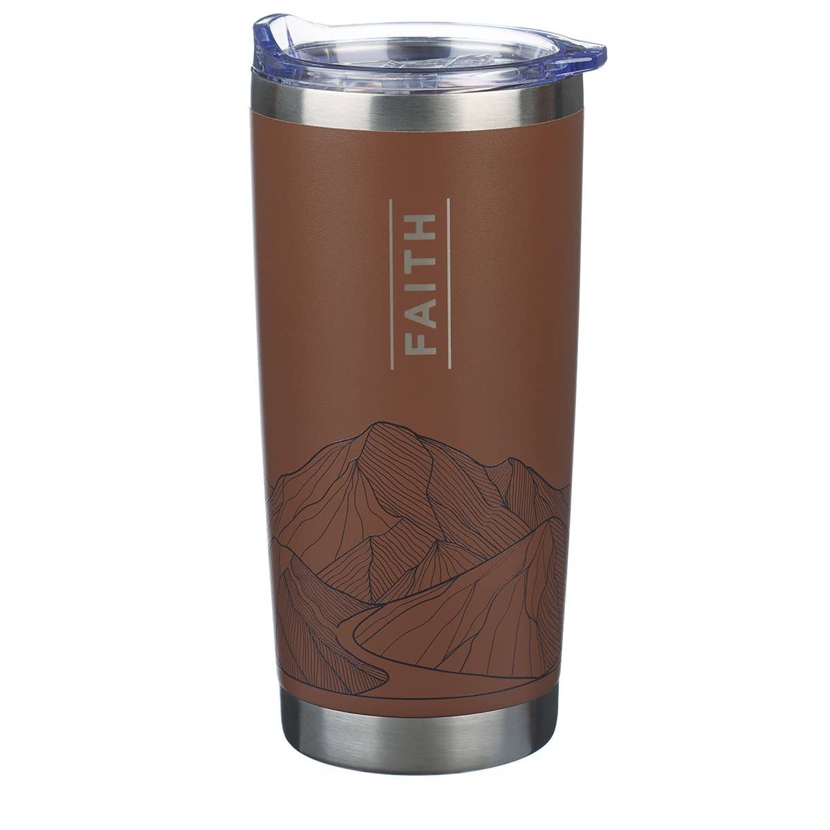Faith brown stainless steel travel tumbler with mountain design and Matthew 17:20