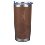 Faith brown stainless steel travel tumbler with mountain design and Matthew 17:20