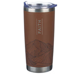 Faith brown stainless steel travel tumbler with mountain design and Matthew 17:20