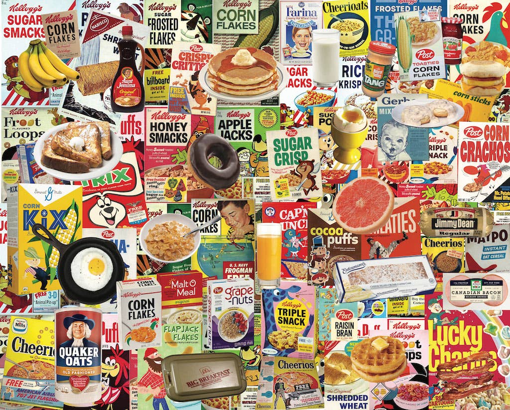 Completed Boomers' Favorite Breakfast 1,000-piece jigsaw puzzle: a nostalgic collage of vintage cereal boxes, syrup and classic breakfast foods