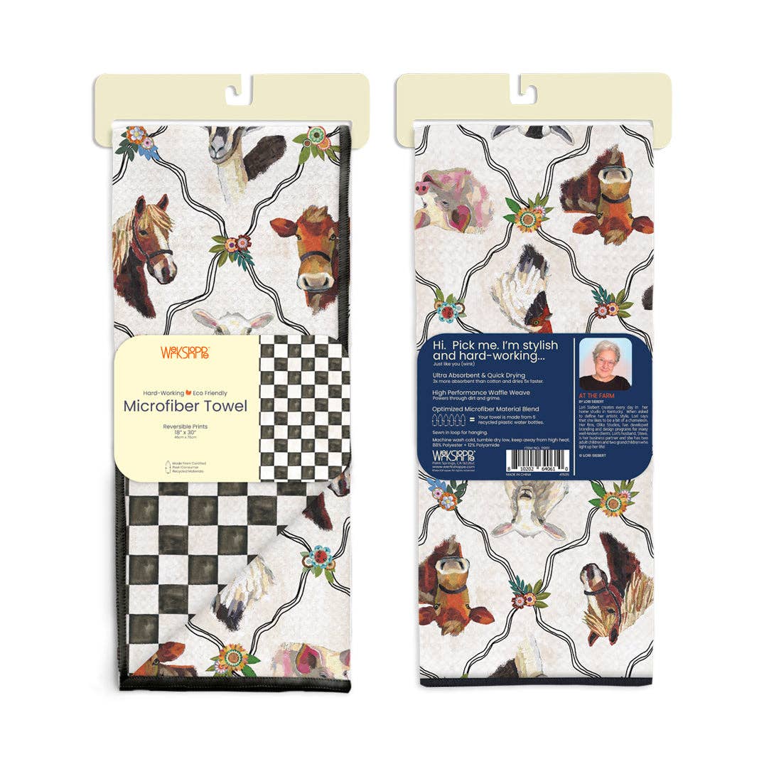 At The Farm farm animal and checkerboard reversible microfiber kitchen towel, view 2
