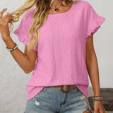 Dark Blue Solid Color Crewneck Sweet Short-Sleeve Hollow-Out Top
