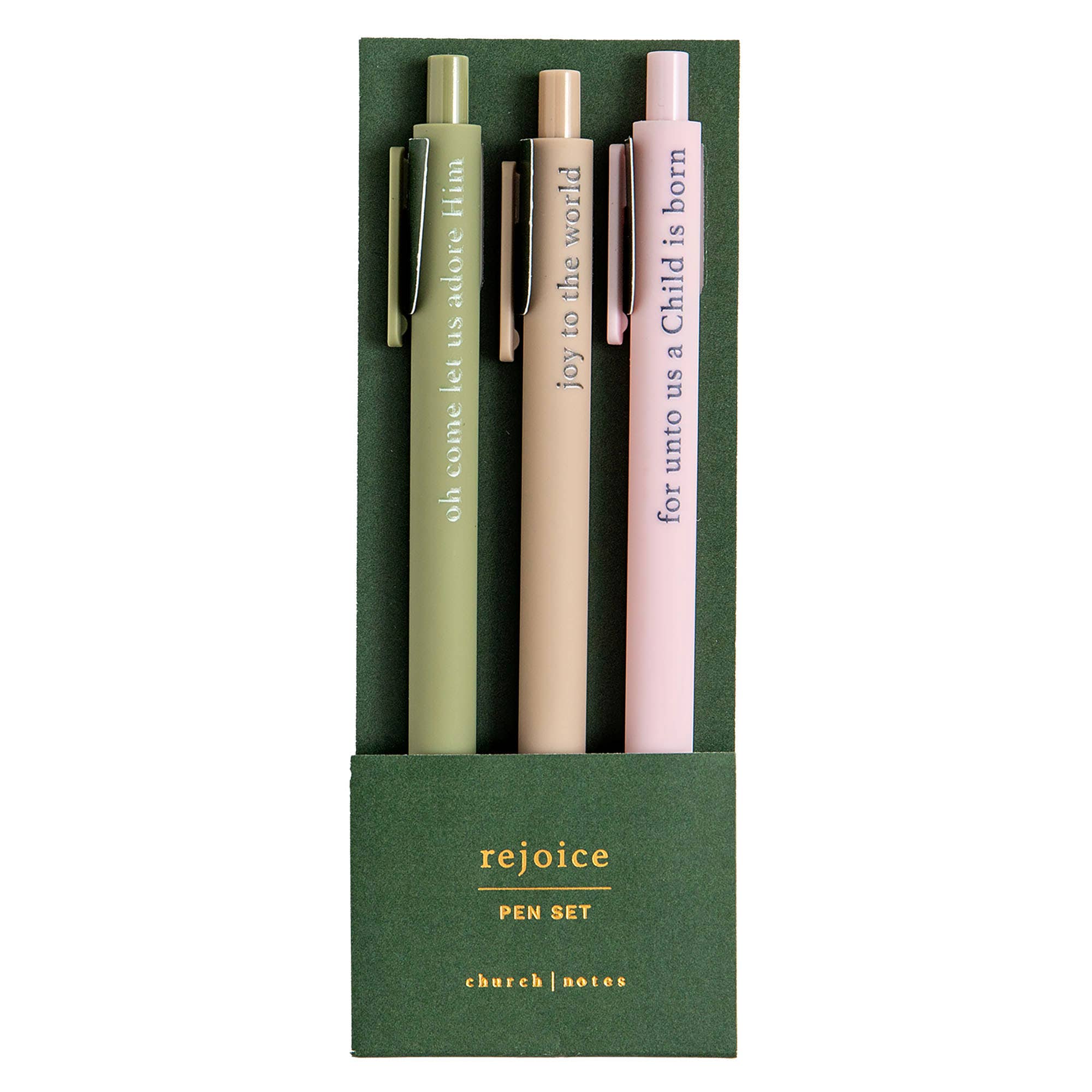 Rejoice Christmas pen set, three gel pens in olive, tan and light pink