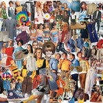 Completed Boomers' Favorite Fashions 1,000-piece jigsaw puzzle: a collage of 1960s and 1970s fashion, from tie-dye to leisure suits and go-go boots