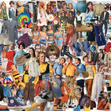 Completed Boomers' Favorite Fashions 1,000-piece jigsaw puzzle: a collage of 1960s and 1970s fashion, from tie-dye to leisure suits and go-go boots