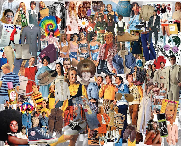 Completed Boomers' Favorite Fashions 1,000-piece jigsaw puzzle: a collage of 1960s and 1970s fashion, from tie-dye to leisure suits and go-go boots
