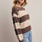 Striped boat neck soft knit sweater in mocha - back view