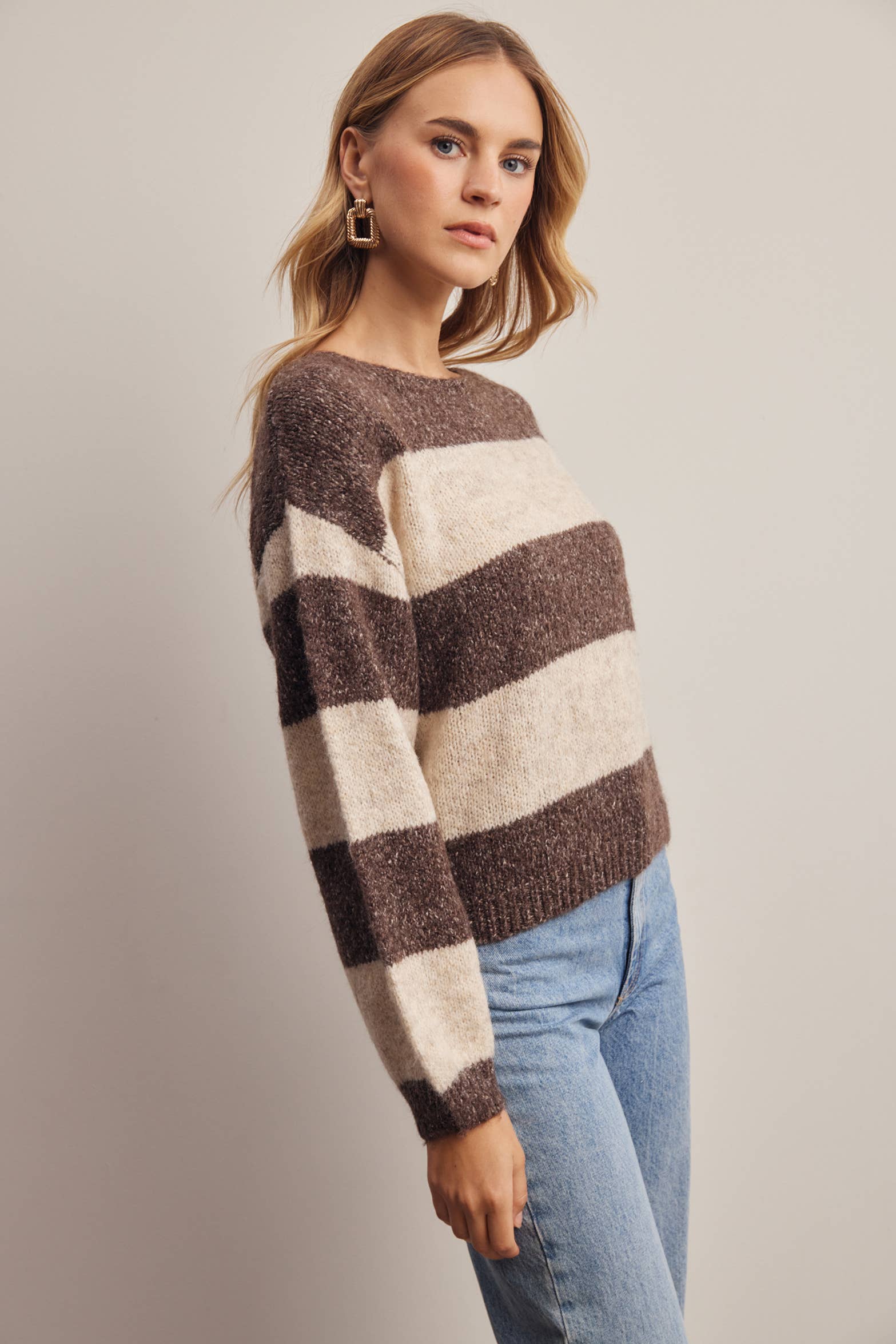 Striped boat neck soft knit sweater in mocha - back view