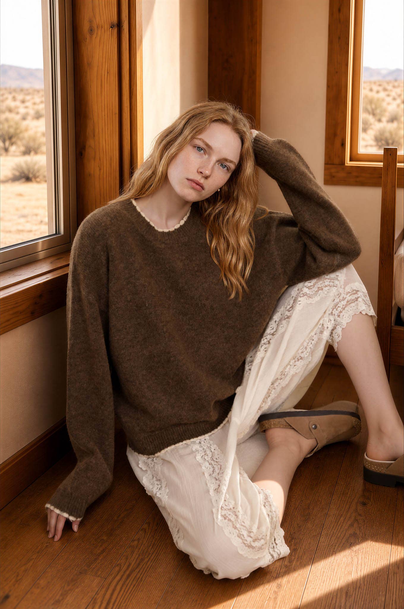 Mocha crew neck pullover sweater, lifestyle