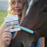 Gallop hair tie bracelet set in brown and blue with gold horse bit charm, view 3