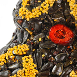 Close-up of black sunflower seeds, gold millet, and a dried cranberry on the seed tree