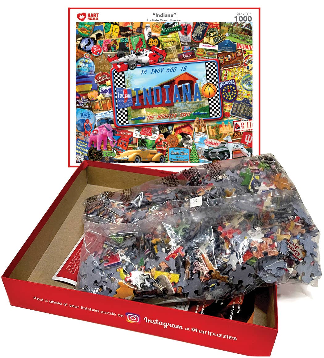 Indiana puzzle box opened with bagged pieces and the finished image on the lid