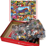 Indiana puzzle box opened with bagged pieces and the finished image on the lid