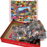 Indiana puzzle box opened with bagged pieces and the finished image on the lid