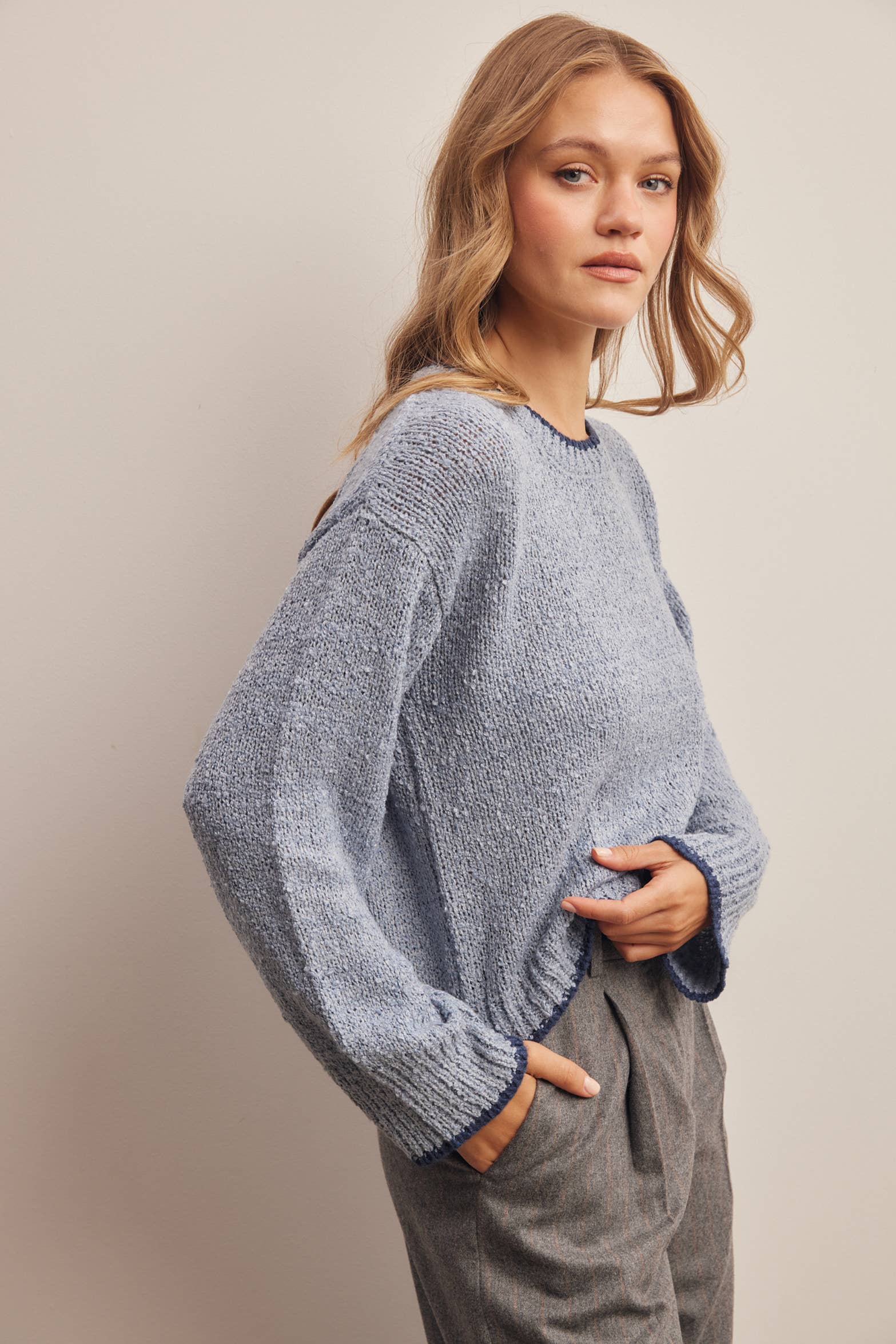 Contrast Trim Bouclé Sweater in Slate Blue – 6