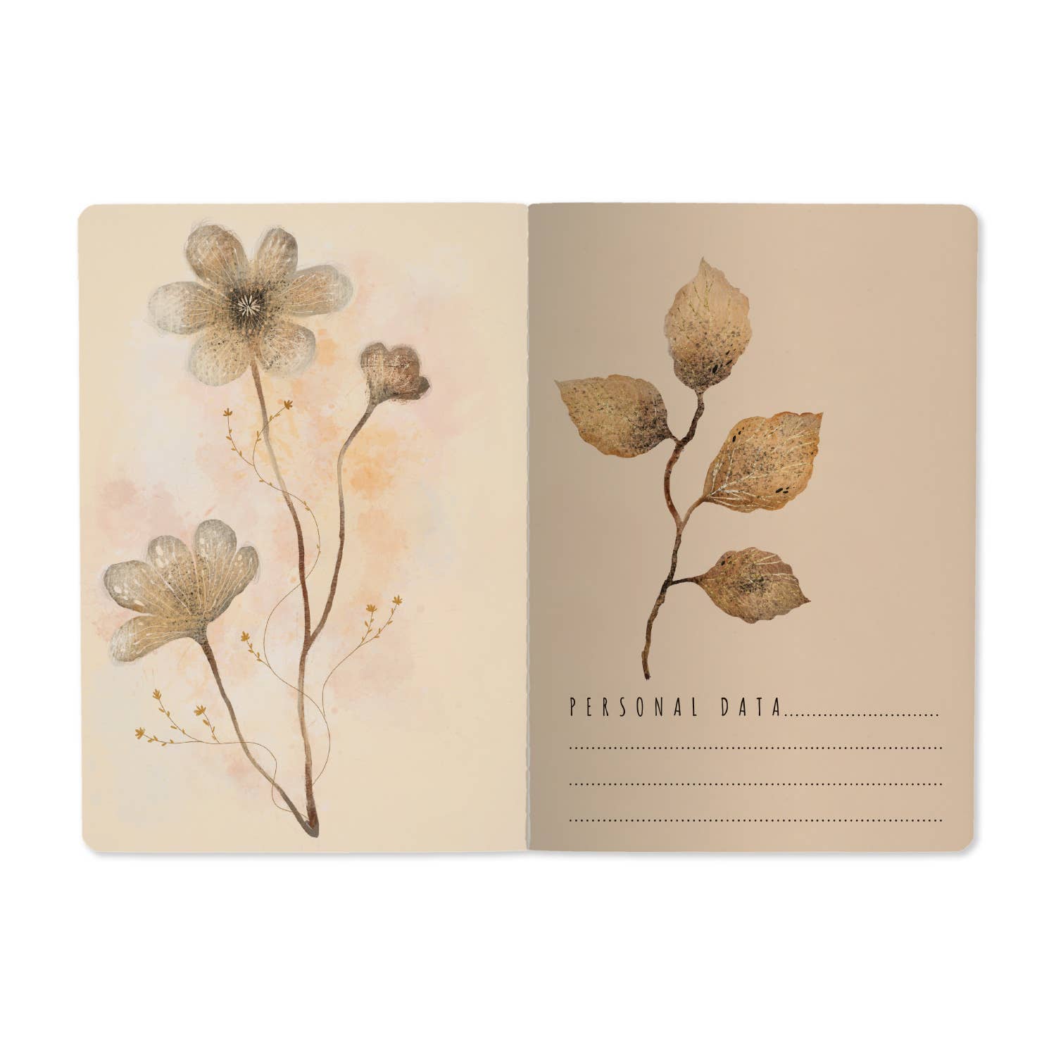 A5 ruled notebook with a blush and gold floral cover design, detail view