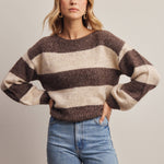 Striped boat neck soft knit sweater in mocha - front view