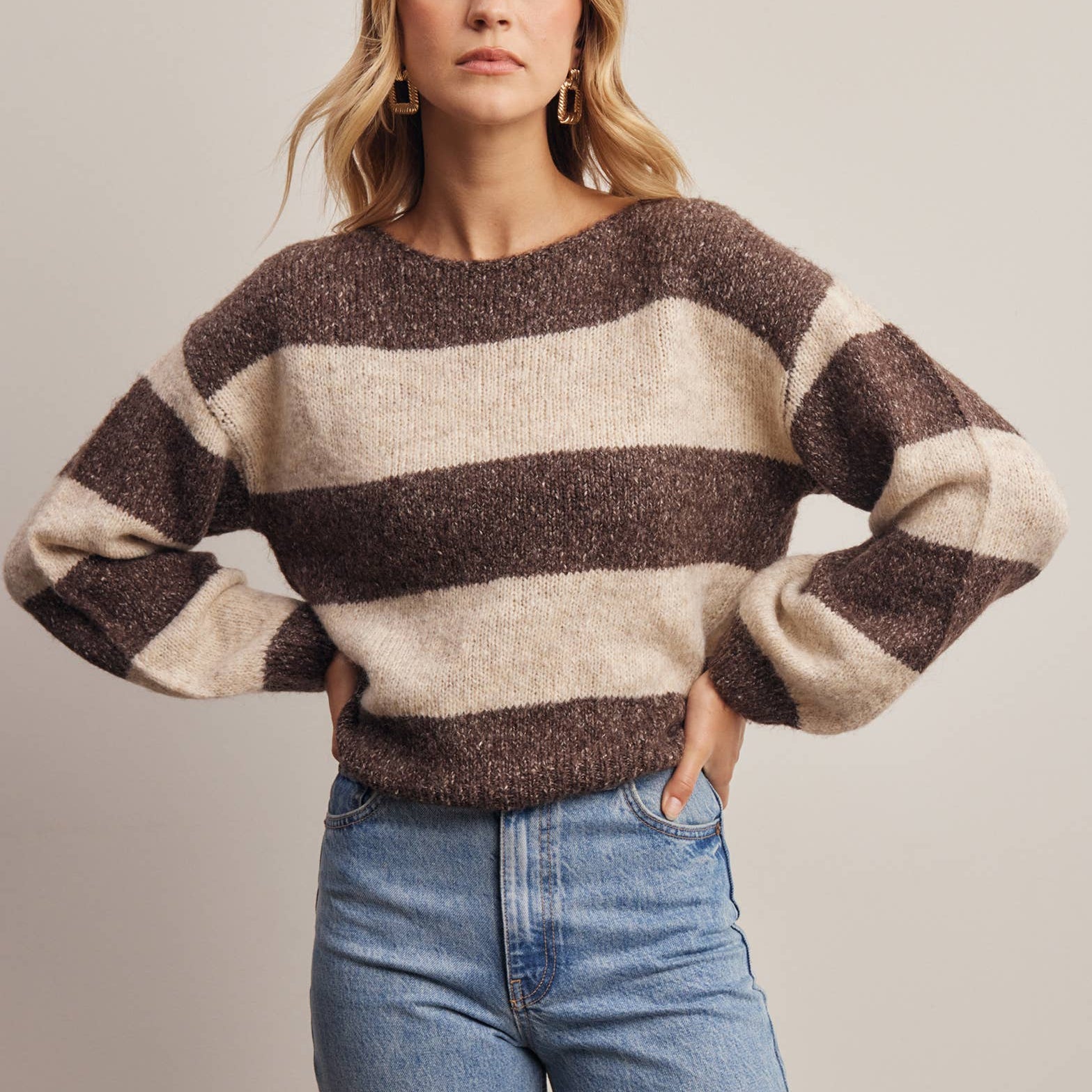 Striped boat neck soft knit sweater in mocha - front view
