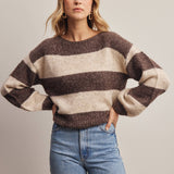 Striped boat neck soft knit sweater in mocha - front view