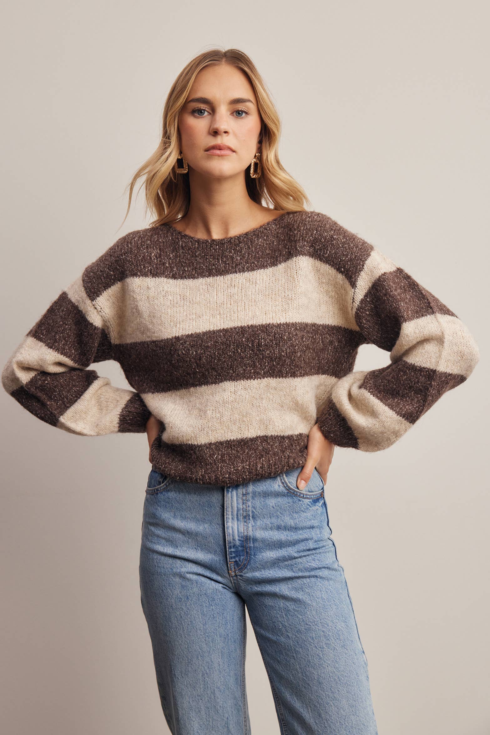 Striped boat neck soft knit sweater in mocha - front view