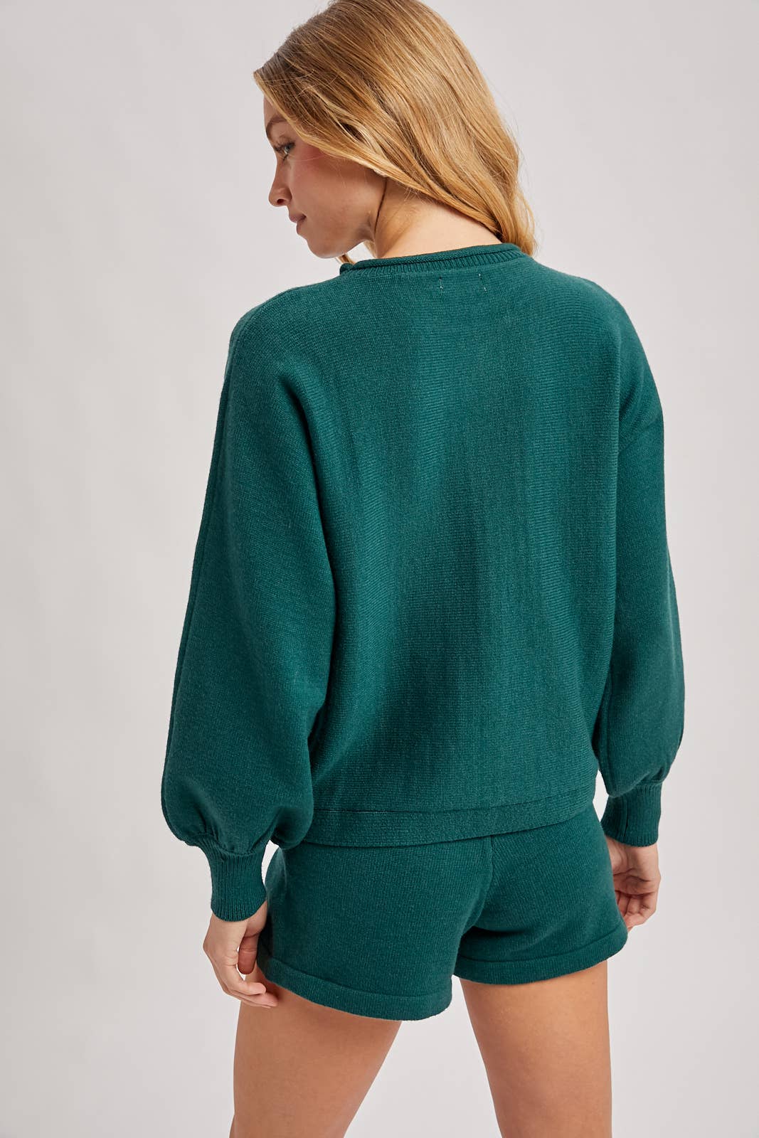 Hunter green ribbed knit lounge sweater and matching shorts
