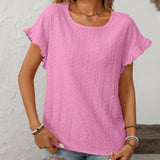 Dark Blue Solid Color Crewneck Sweet Short-Sleeve Hollow-Out Top