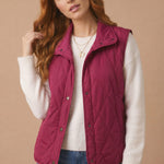 High Neck Snap Button Quilted Puffer Vest in Burgundy - three-quarter view