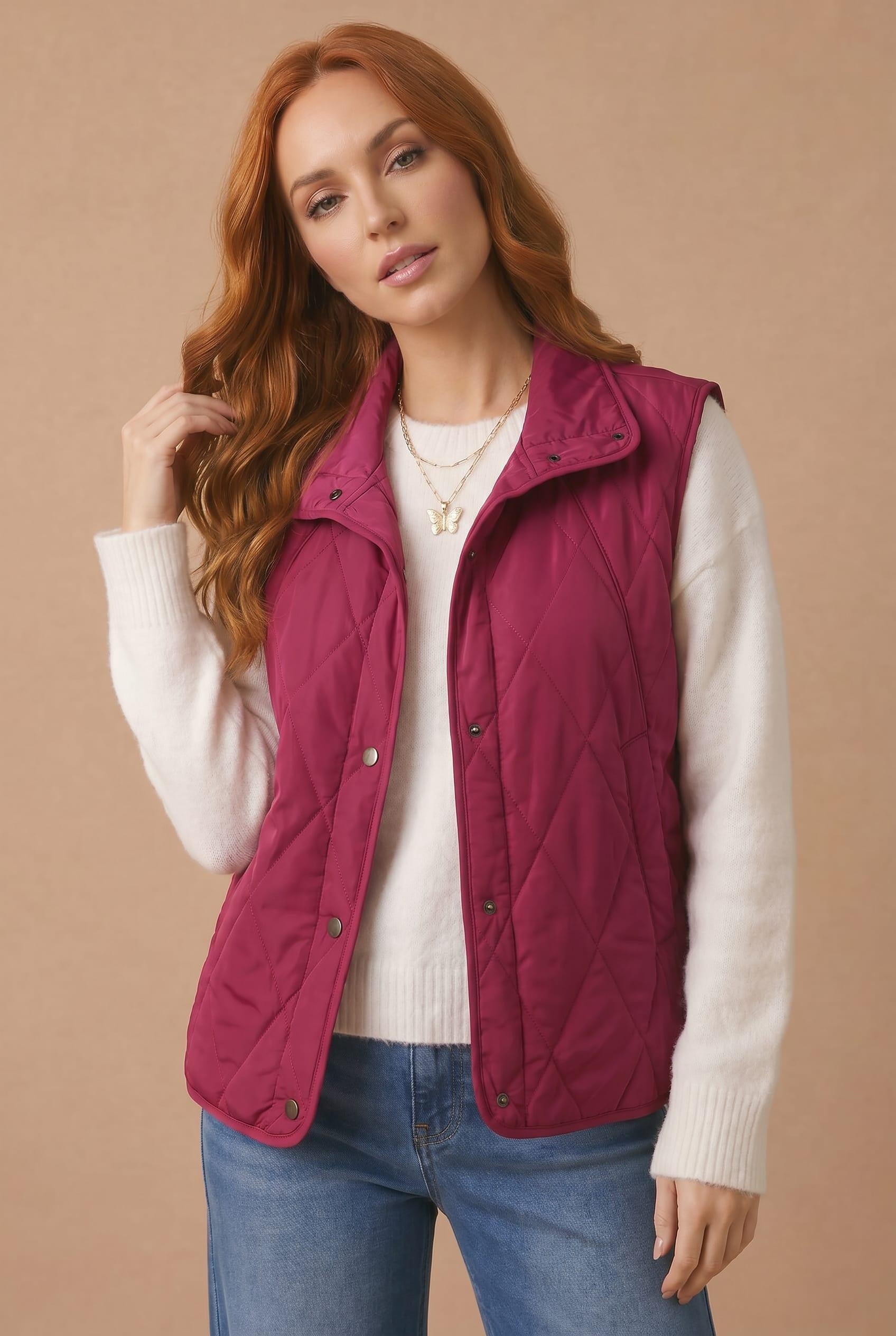 High Neck Snap Button Quilted Puffer Vest in Burgundy - three-quarter view