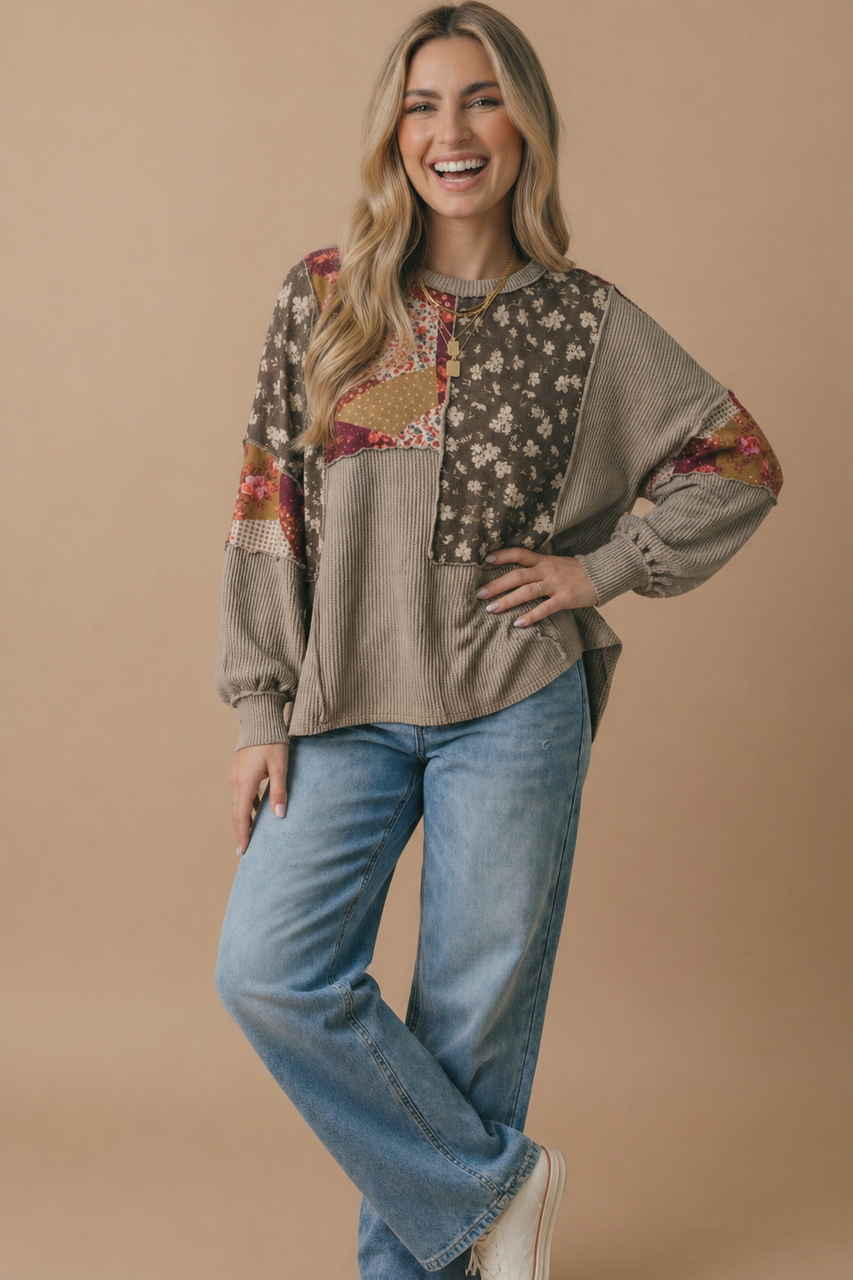Back view of the floral patchwork wave rib knit top in taupe and mocha