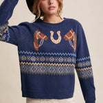 Western Horse & Horseshoe Sweater in Navy – 1