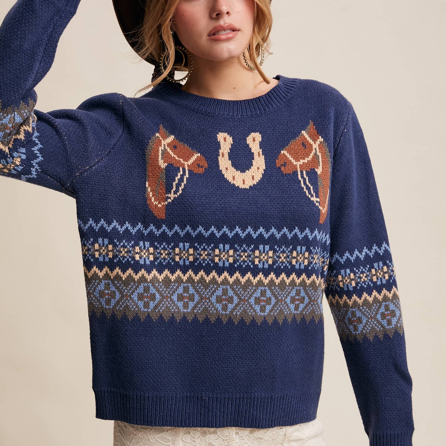 Western Horse & Horseshoe Sweater in Navy – 1
