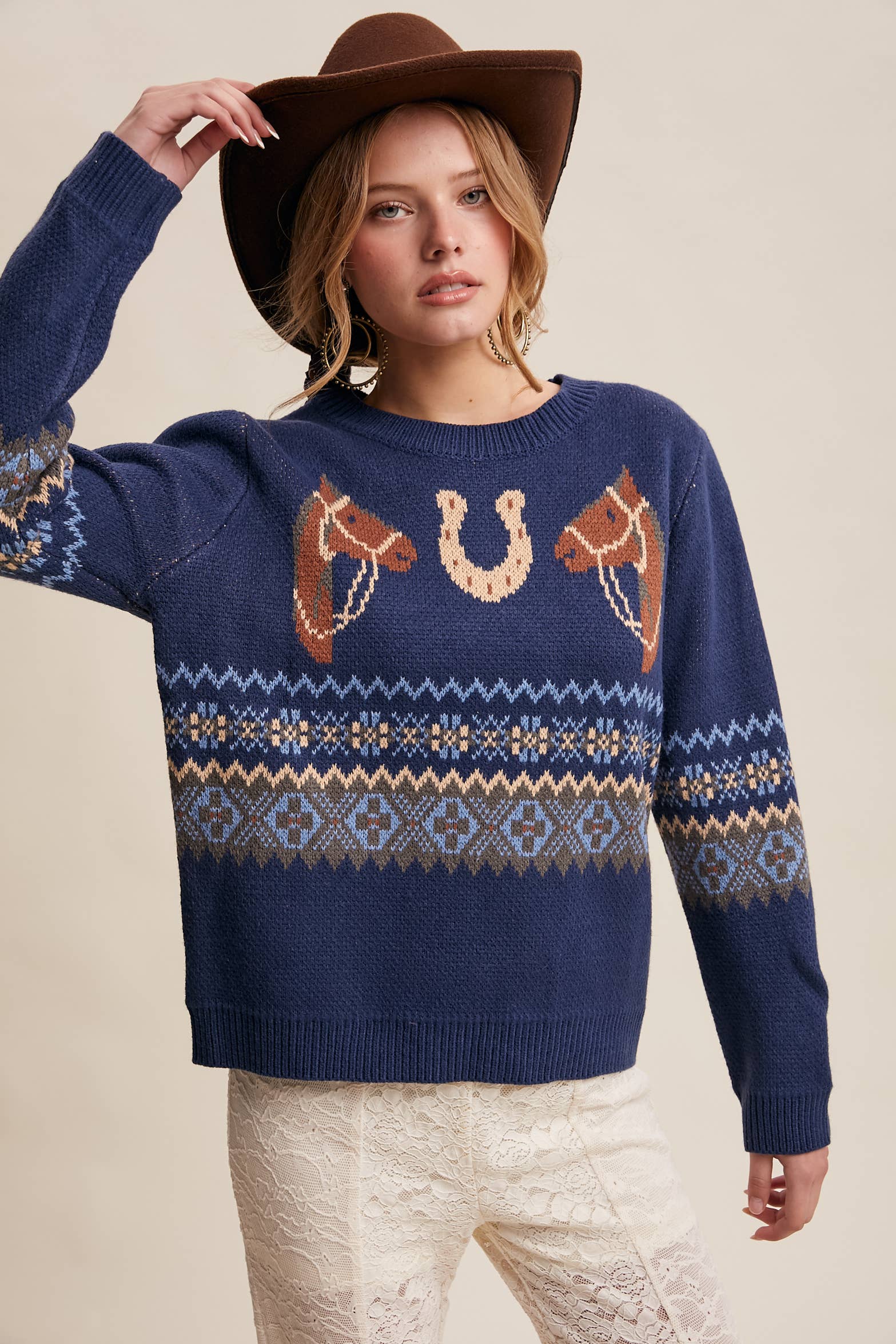 Western Horse & Horseshoe Sweater in Navy – 1
