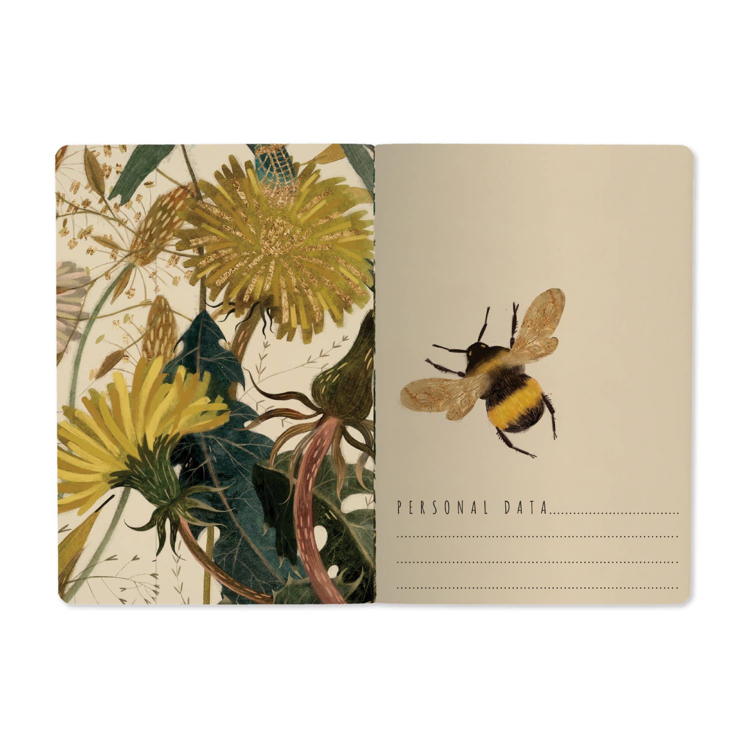 A5 ruled notebook with a green botanical cover design, detail view