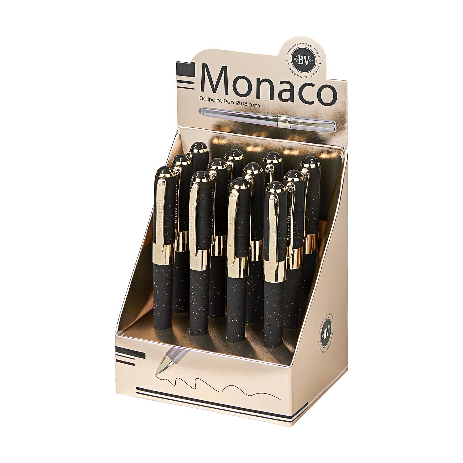 Monaco soft-touch ballpoint pen in black with gold glitter