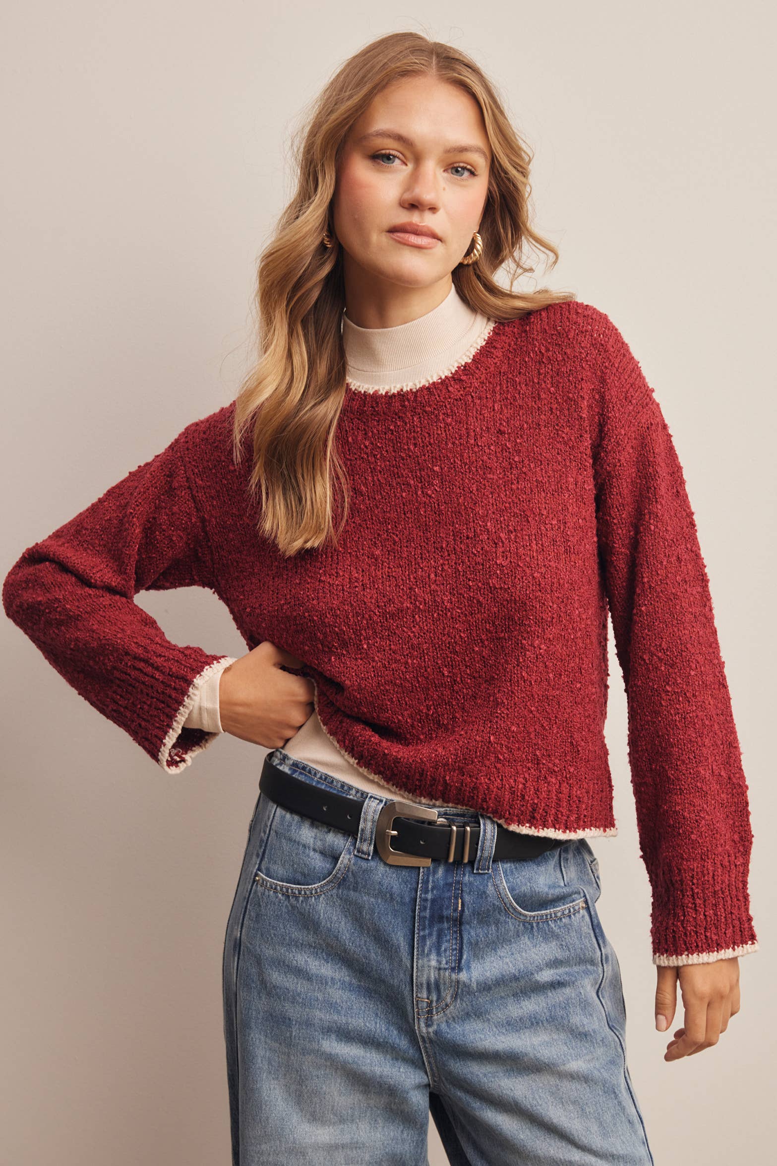 Contrast Trim Bouclé Sweater in Wine – 1