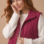 High Neck Snap Button Quilted Puffer Vest in Burgundy - front view