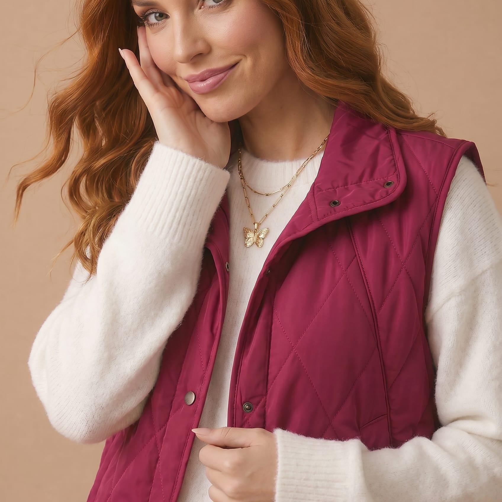 High Neck Snap Button Quilted Puffer Vest in Burgundy - front view
