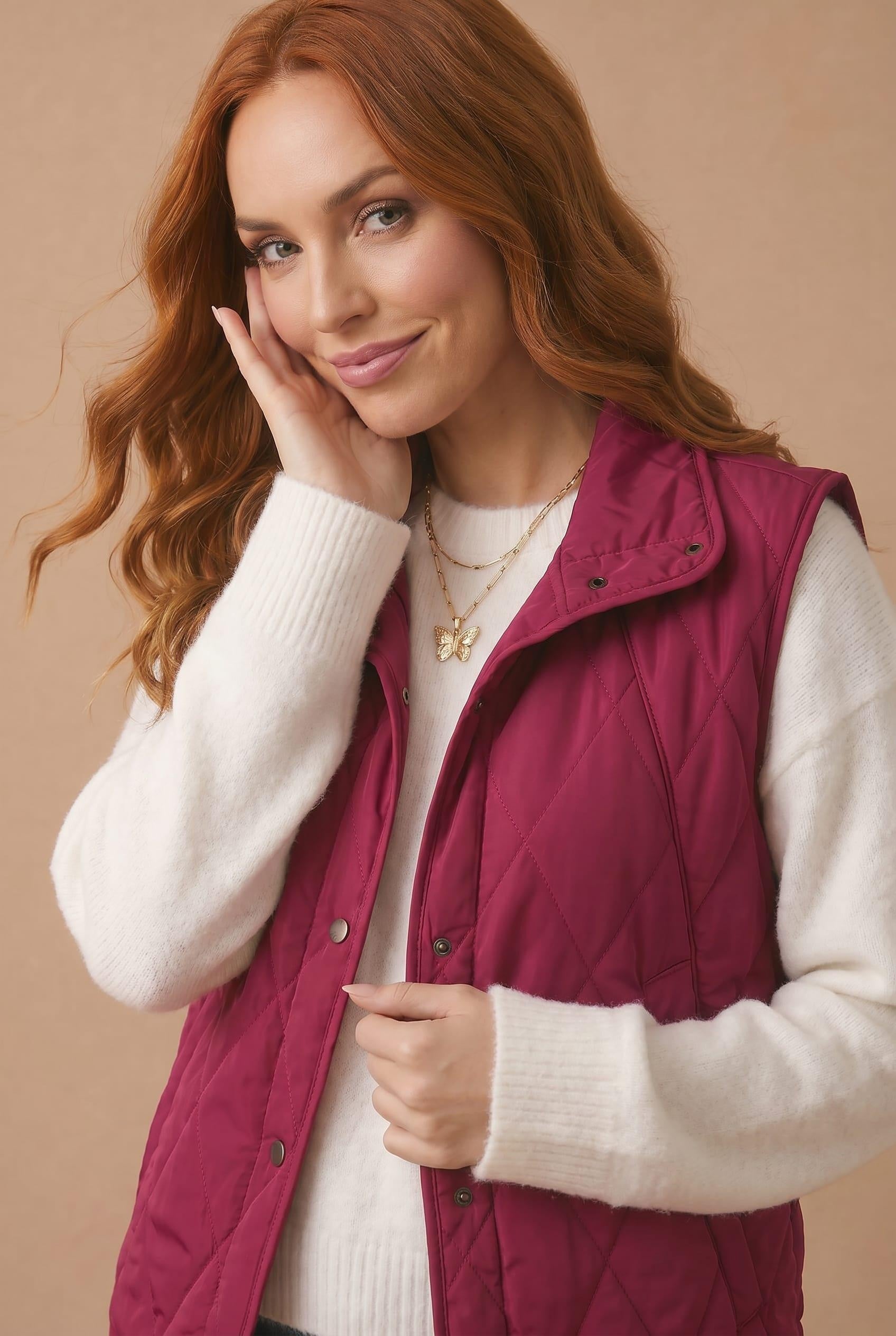 High Neck Snap Button Quilted Puffer Vest in Burgundy - front view