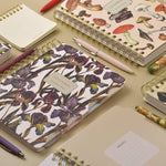 Spiral-bound art journal with a painted iris cover, interior pages