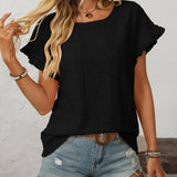 Dark Blue Solid Color Crewneck Sweet Short-Sleeve Hollow-Out Top