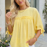 Tie Half Sleeve Pleated Detail Babydoll Blouse