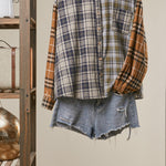 Mixed Plaid Patchwork Button Up Shirt in Navy Blue - front view