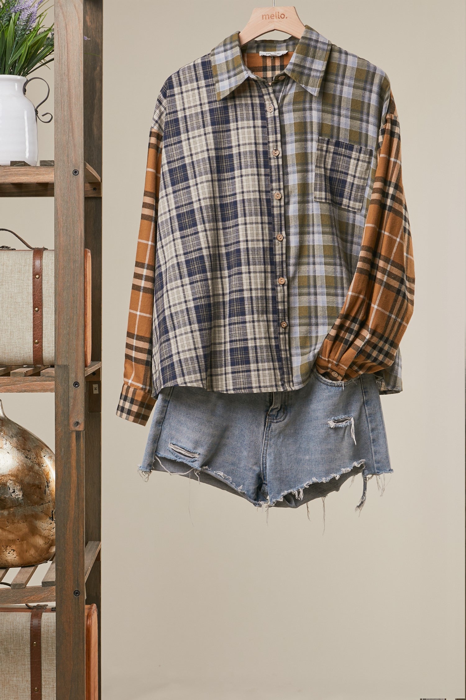 Mixed Plaid Patchwork Button Up Shirt in Navy Blue - front view